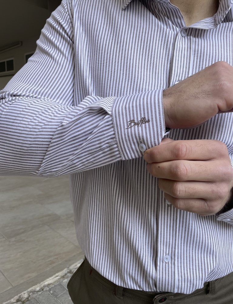 Ανδρικό πουκάμισο με γιακά λευκό με καφέ ρίγα 2097K φωτογραφία